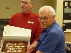 Peter Hopkinson congratulates Leigh Palmer with his 75th Birthday